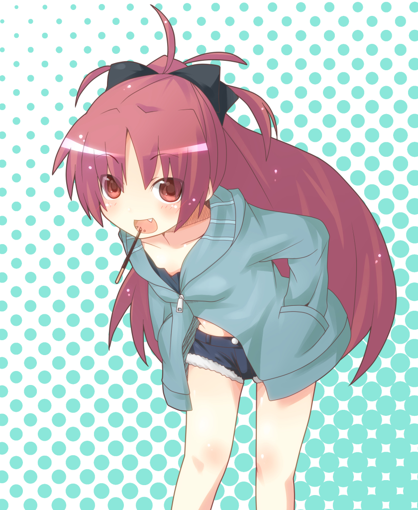 :d, blush, bow, fang, hair_bow, hoodie, jacket, mahou_shoujo_madoka_magica