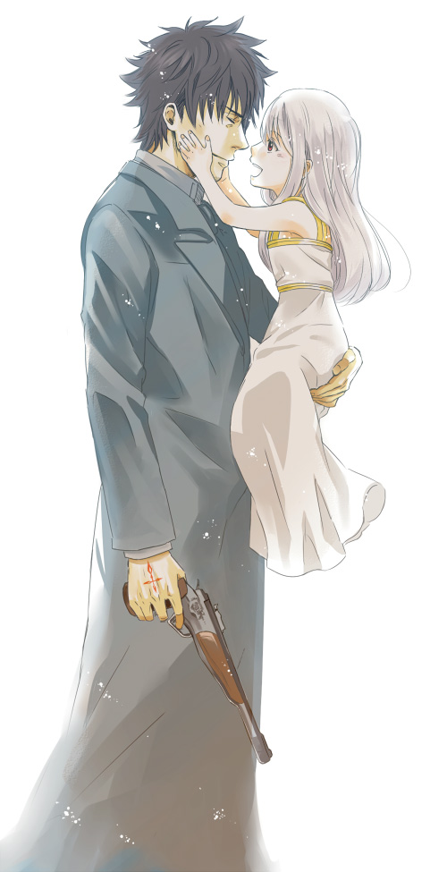 1girl, black_hair, child, emiya_kiritsugu, facial_hair, fate/zero, fate_(series), father_and_daughter, gun, hydroball, illyasviel_von_einzbern, long_hair, red_eyes, stubble, thompson_contender, weapon, white_hair, young