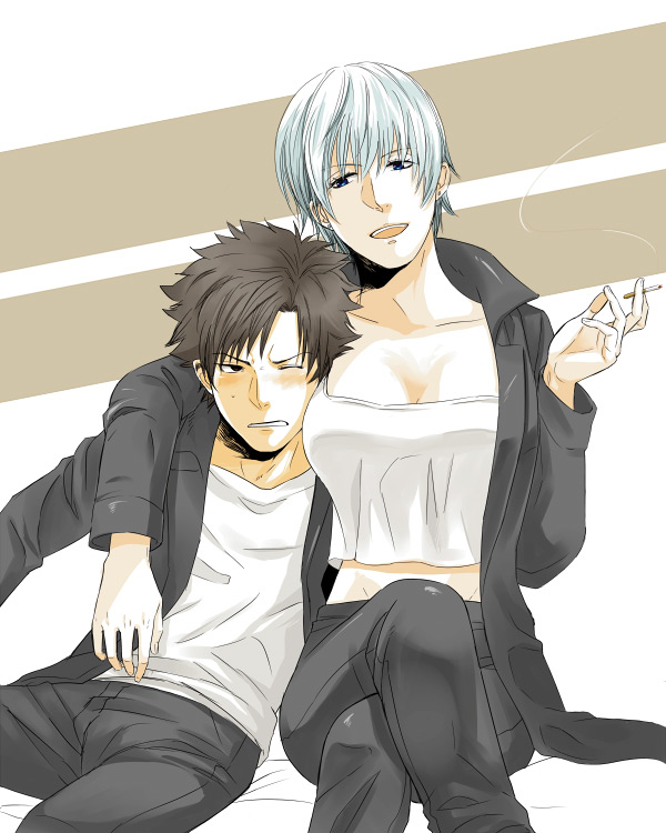 black_eyes, black_hair, blue_eyes, blue_hair, blush, breasts, cigarette, emiya_kiritsugu