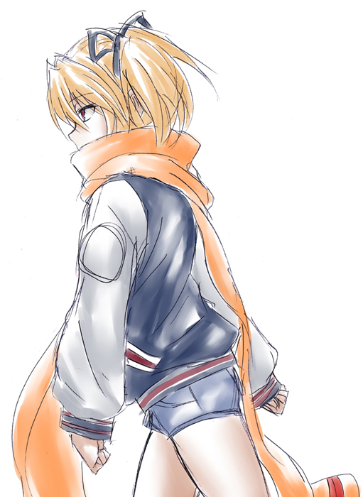 hair_ribbon, kirishima_kirihiko, kurenai, red_eyes, ribbon, scarf, short_shorts, shorts