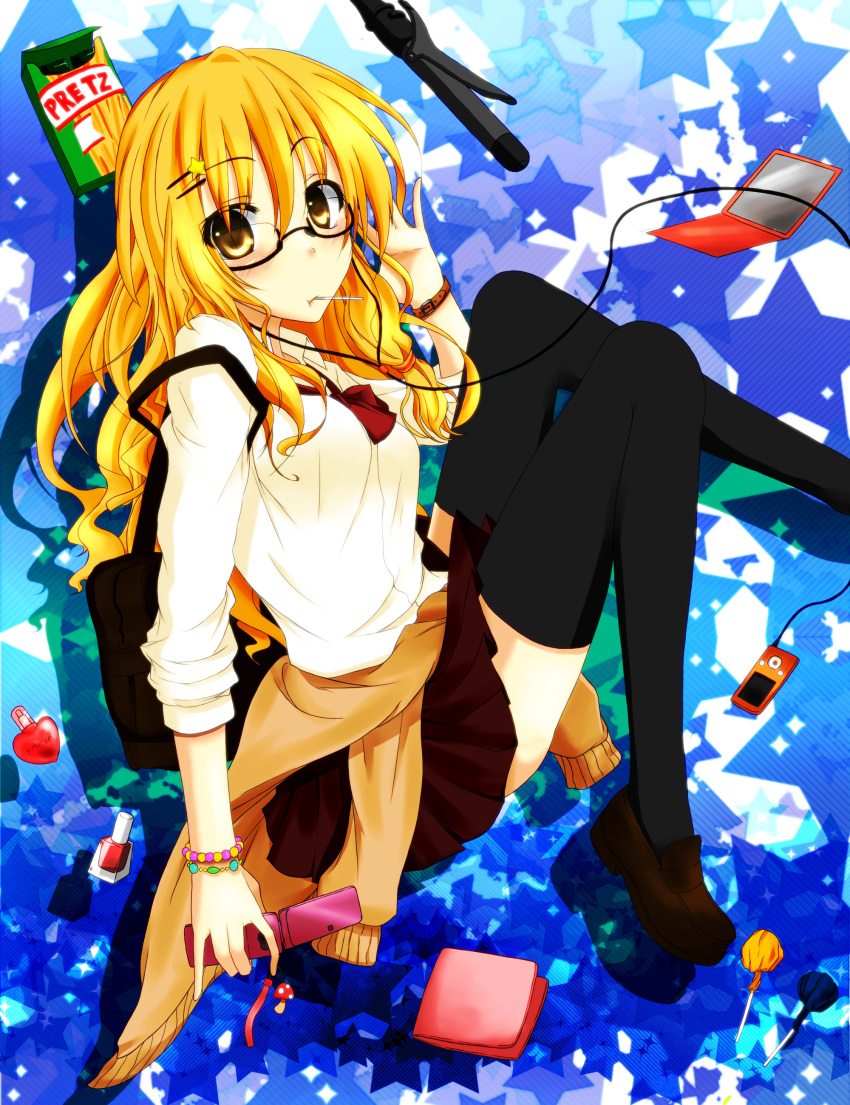 absurdres, alternate_costume, bag, bespectacled, blonde_hair, blue_eyes, blush, bottle