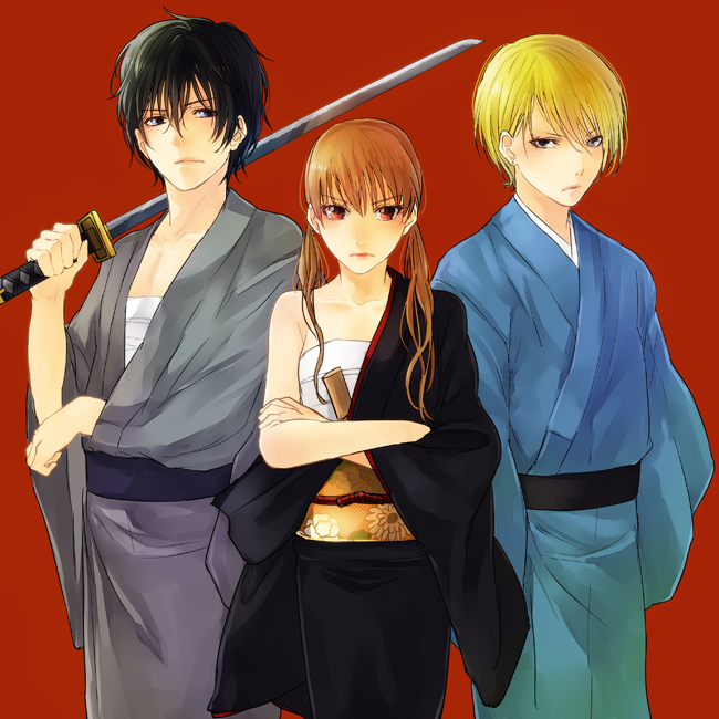 2boys, black_hair, blonde_hair, brown_eyes, brown_hair, japanese_clothes, kanameyura, katana