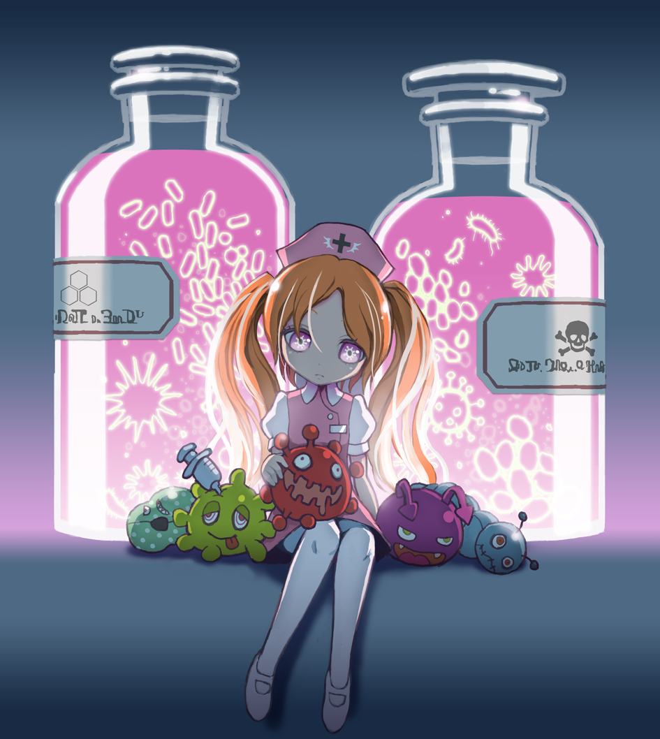 antennae, bacteria, bottle, child, cross, hat, nurse, nurse_cap, orange_hair, original, pantyhose, pink_eyes, purple_eyes, red_eyes, sitting, skull, solo, symbol-shaped_pupils, syringe, twintails, ume_(illegal_bible), violet_eyes, virus, white_legwear, young