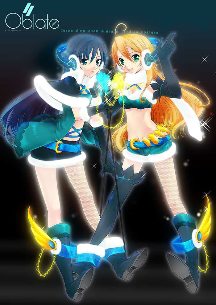 :d, ahoge, belt, blonde_hair, blue_eyes, blue_hair, boots, elbow_gloves