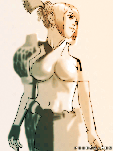 armor, breasts, criss-cross_halter, earrings, elbow_gloves, fingerless_gloves, gloves, hair_ornament, halter_top, halterneck, jewelry, monster_hunter, monster_hunter_portable_2nd, naruga_(armor), navel, pauldrons, peco_(pockleberry), scrunchie, side_ponytail, soft_focus