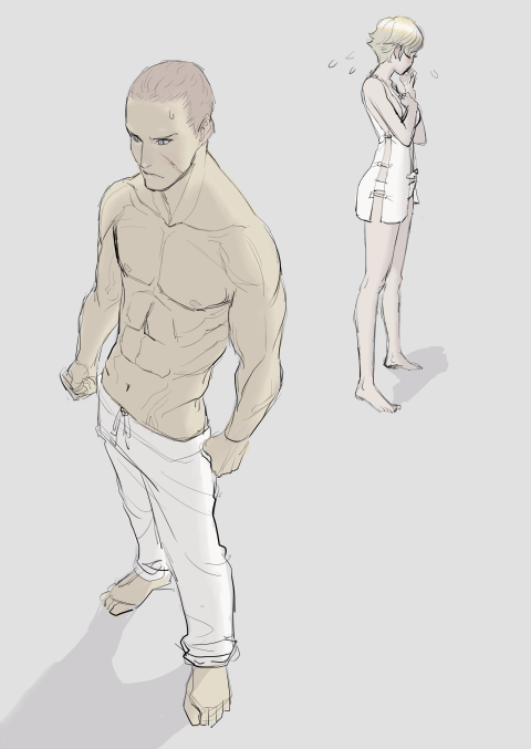 1girl, abs, adult, barefoot, blonde_hair, brown_hair, buzz_cut, embarrassed