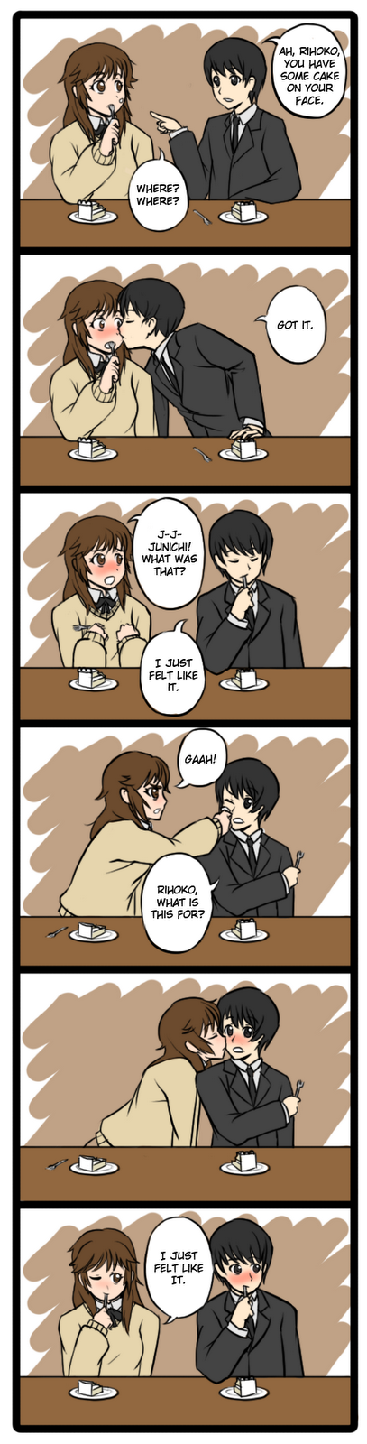 1girl, amagami, blush, brown_eyes, brown_hair, cake, comic, couple, cream_on_face, eating, embarrassed, english, food, fork, highres, kiss, long_hair, long_image, orz_(orz57), sakurai_rihoko, short_hair, sweater, tachibana_jun'ichi, wink