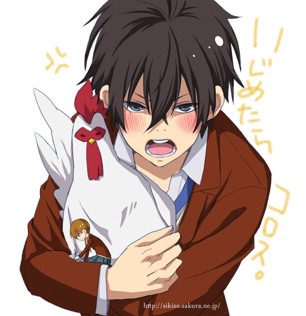 1girl, bird, black_hair, brown_hair, chicken, long_hair, low_twintails, minigirl