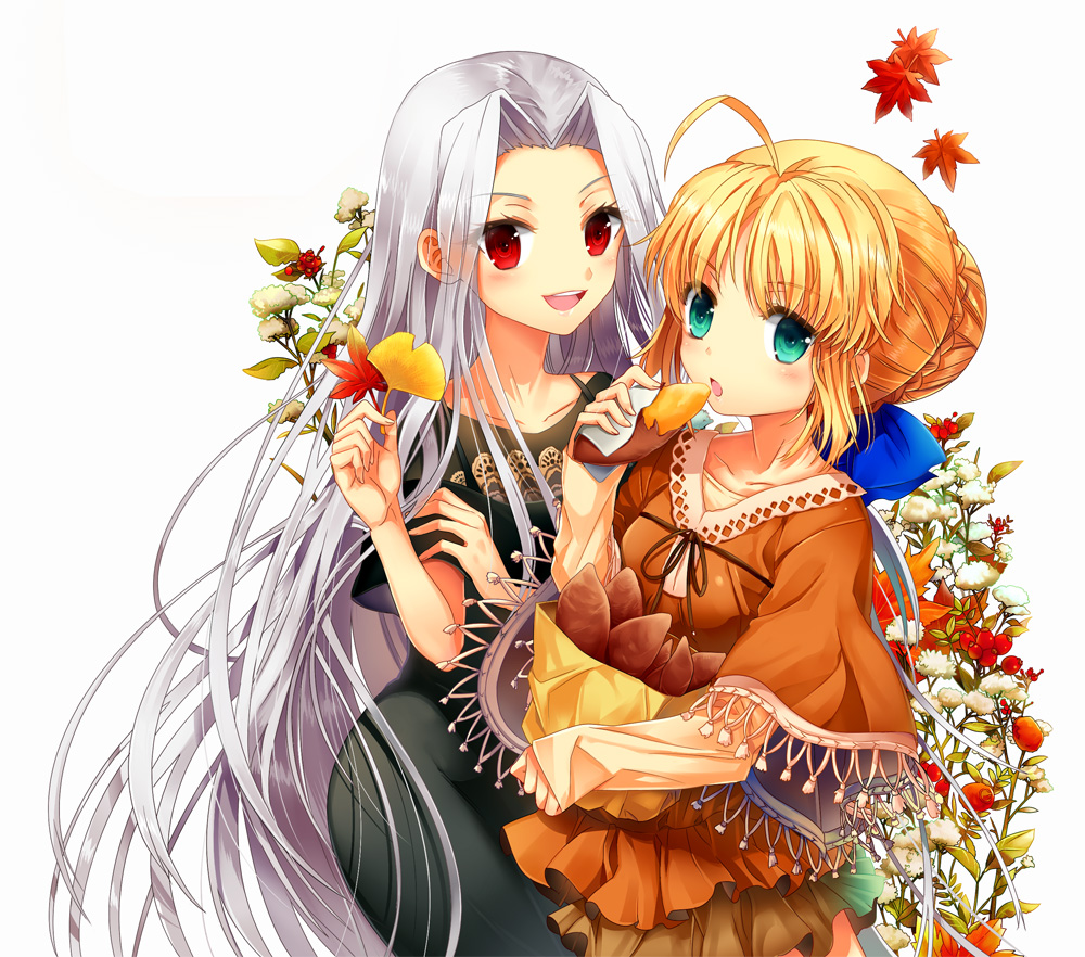 ahoge, alternate_costume, arnoul, baked_potato, blonde_hair, dress, fate/zero, fate_(series)
