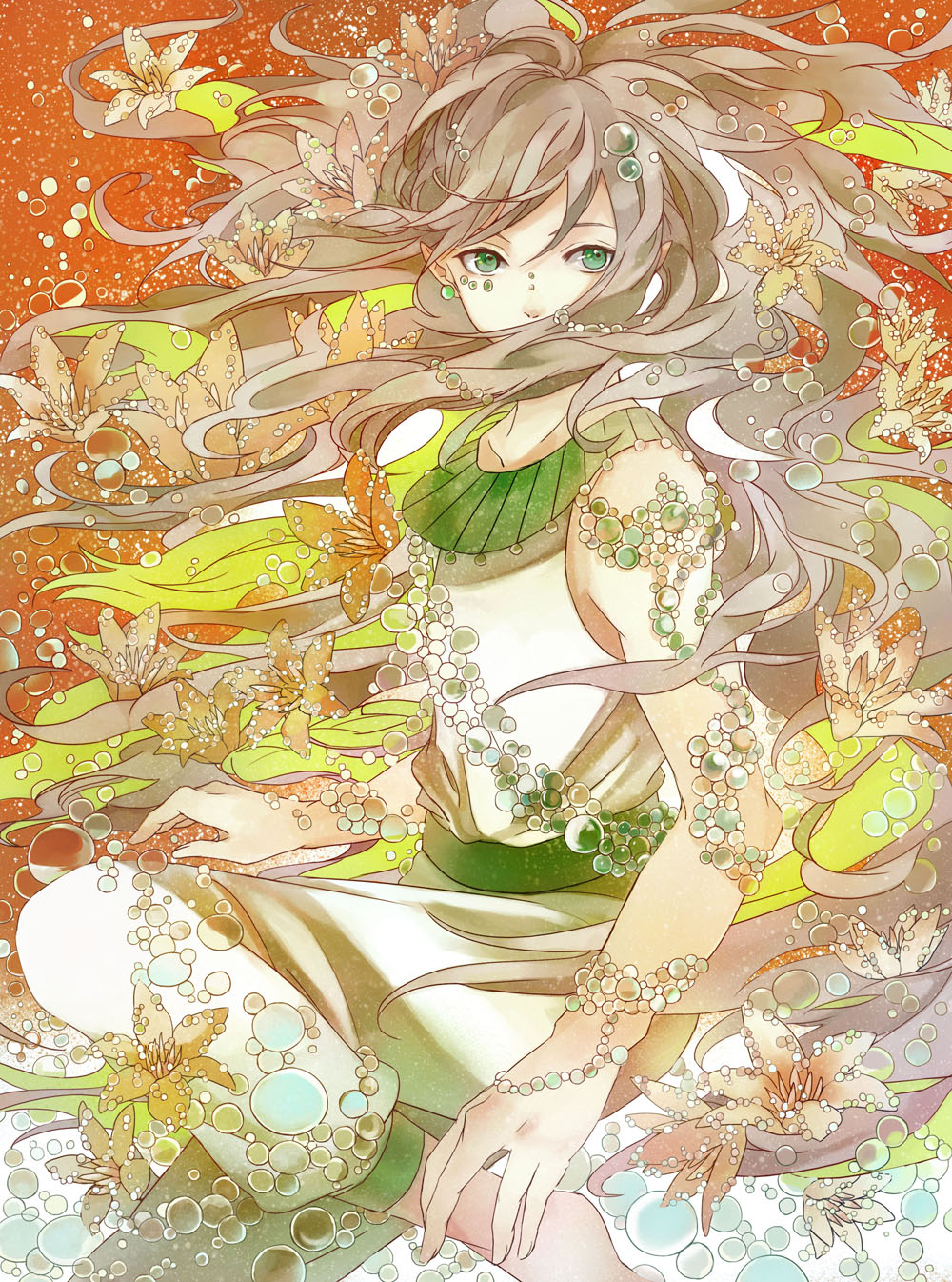 androgynous, brown_hair, flower, green_eyes, highres, irorico, long_hair, male, original, solo, very_long_hair