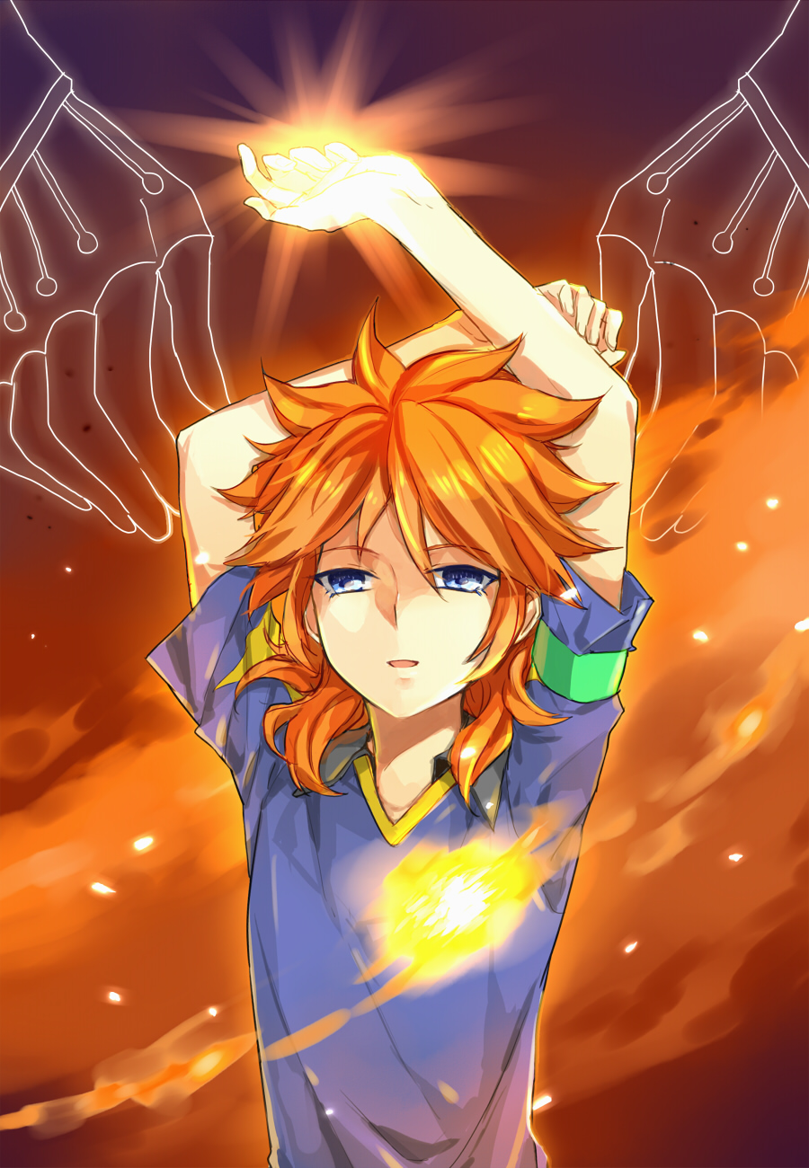 1boy, amemiya_taiyou, arakumo_gakuen, armband, arms_up, blue_eyes, highres, inazuma_eleven