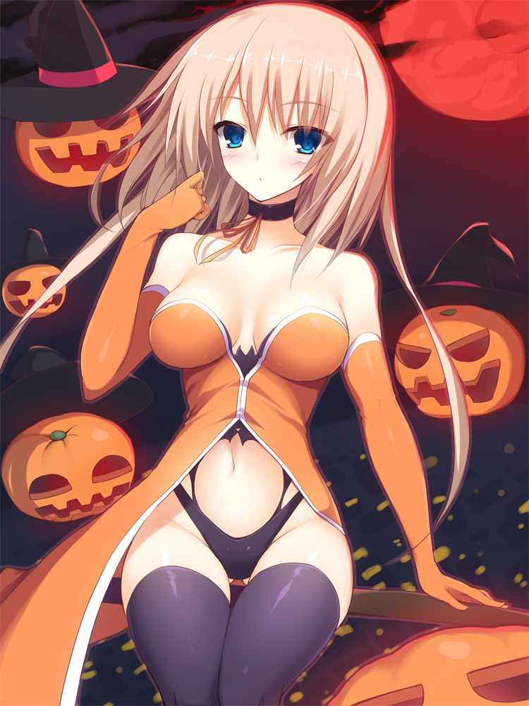 1girl, :o, belly, black_legwear, blonde_hair, blue_eyes, blush, breasts