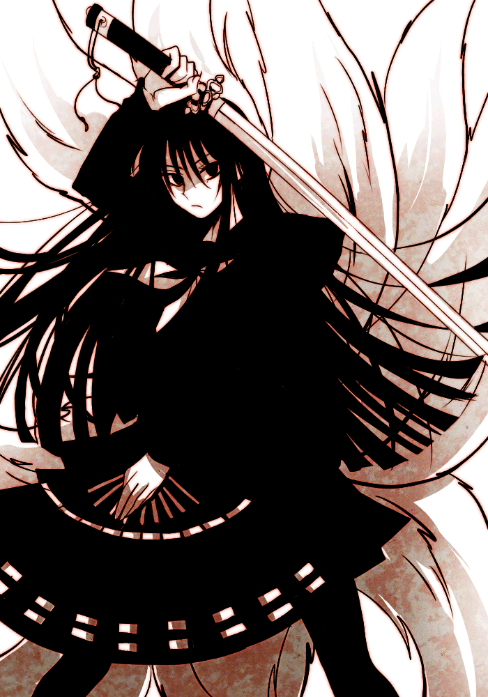 black_eyes, black_hair, dual_wielding, fan, folding_fan, fox_tail, hagoromo_gitsune, hagoromo_kitsune