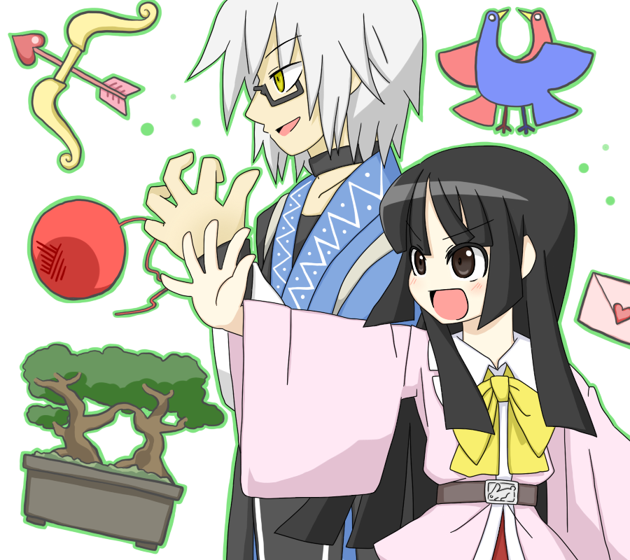 1girl, animal, arrow, ball_of_yarn, belt, bird, black_eyes, black_hair