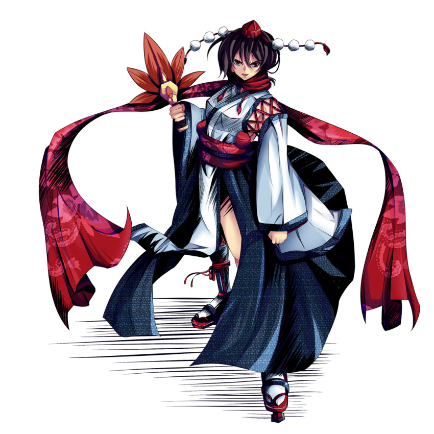 alternate_costume, azusayumi_meme, black_hair, detached_sleeves, fan, geta, hat, kourindou_tengu_costume