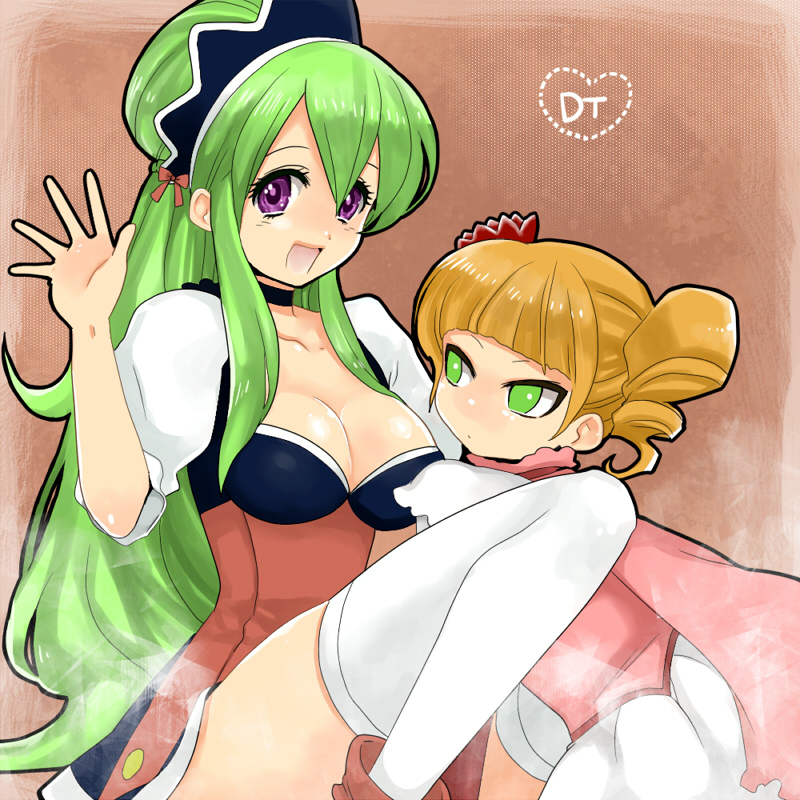 2girls, bangs, blunt_bangs, blush, breasts, brown_hair, choker, cleavage