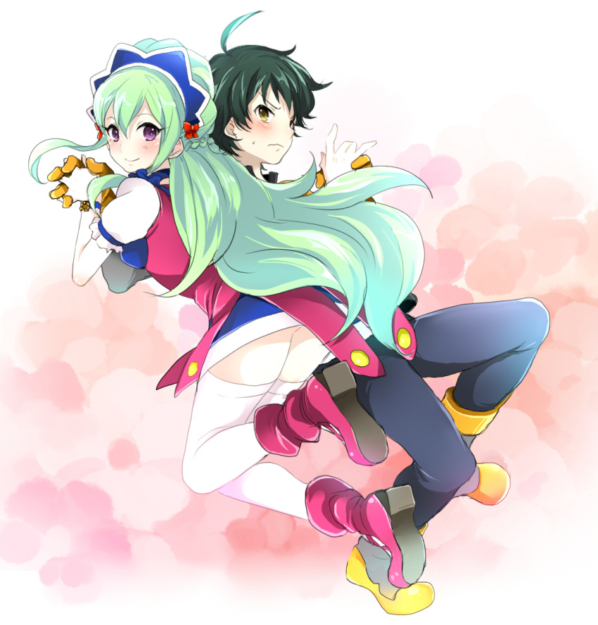 ahoge, black_hair, choker, dress, green_hair, hokaze_kon, ixion_saga, long_hair, looking_back, mariandale, multiple_boys, purple_eyes, shoes, sweatdrop, take_(tenkasu), thigh-highs, thighhighs, trap, violet_eyes, white_legwear, yellow_eyes