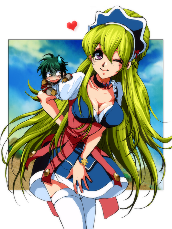 ahoge, black_hair, breasts, chibi, choker, cleavage, dress, green_hair