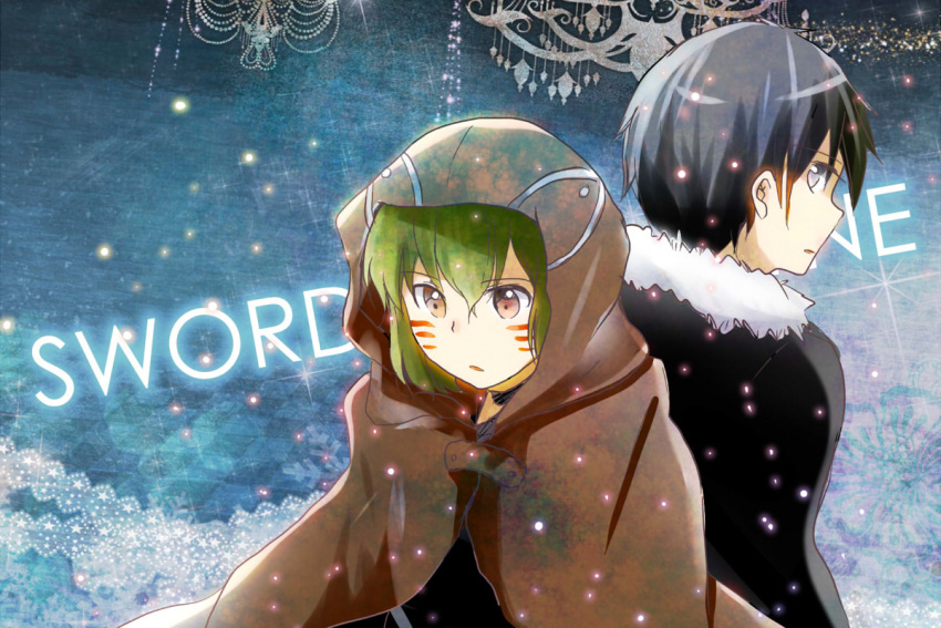 1girl, argo_(sao), argo_the_rat, back-to-back, black_hair, brown_eyes, cloak, coat