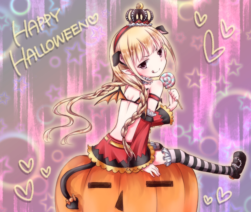 >:), :q, animal_ears, blonde_hair, candy, demon_tail, futaba_anzu, hairband, halloween, happy_halloween, idolmaster, idolmaster_cinderella_girls, jack-o'-lantern, jack-o'-lantern, lollipop, mameko_(pianissimo), pointy_ears, pumpkin, solo, striped, striped_legwear, tail, thigh-highs, thighhighs, tongue, wings