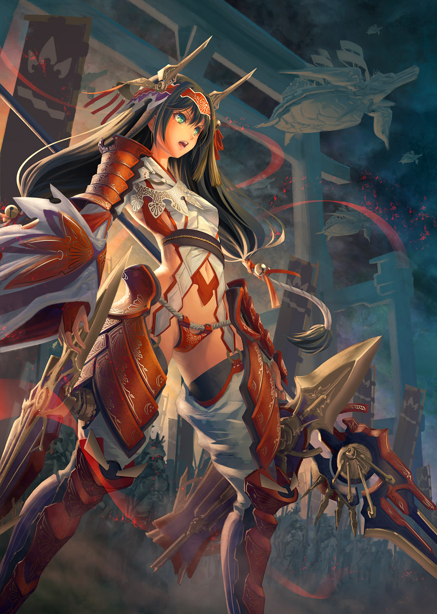 airship, aqua_eyes, armor, army, banner, bell, black_hair, black_legwear