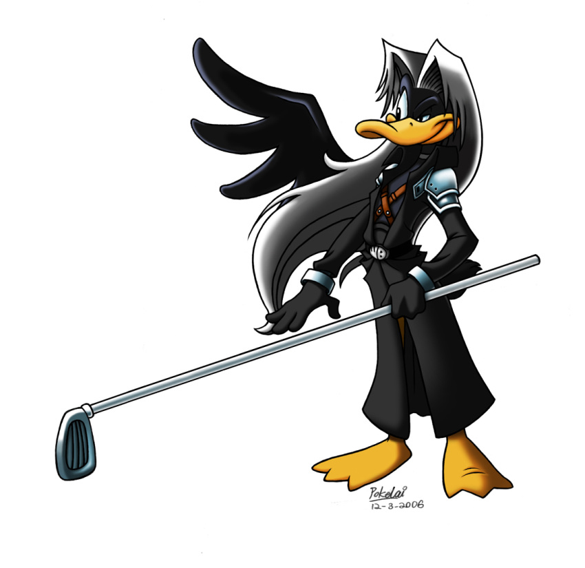 cosplay, daffy_duck, final_fantasy, final_fantasy_vii, golf_club, long_hair, looney_tunes, one-winged, parody, sephiroth, sephiroth_(cosplay), silver_hair, weapon, wings