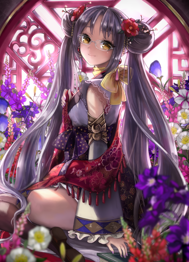 bare_shoulders, blurry, book, copyright_request, detached_sleeves, double_bun, flower, glasses