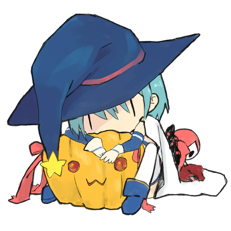 armband, blue_hair, cape, charlotte_(madoka_magica), chibi, gloves, halloween, hat