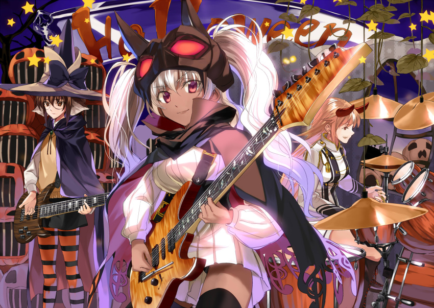 animal_ears, black_legwear, brown_eyes, brown_hair, cape, dark_skin, drum, drum_set