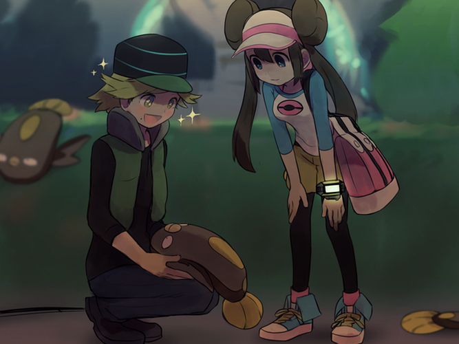 1girl, bag, baseball_cap, black_legwear, brown_hair, double_bun, full_body, green_hair