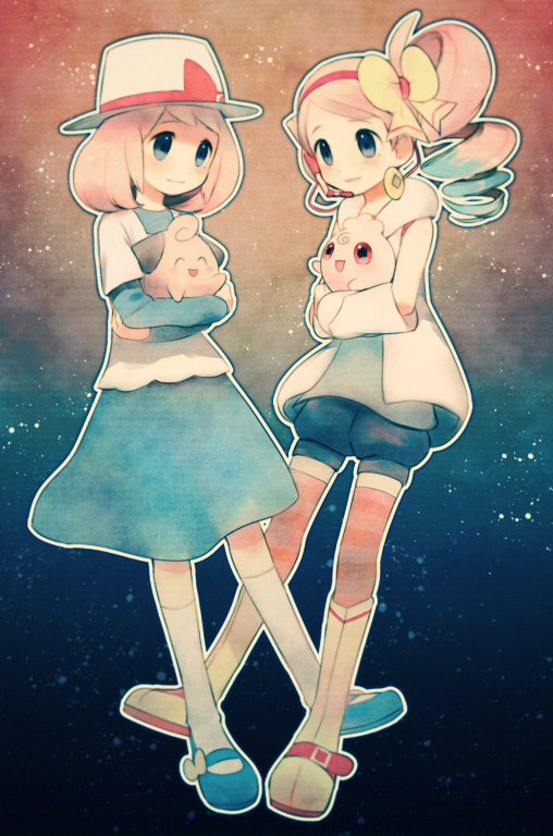 blue_dress, blue_eyes, bow, cleffa, detached_sleeves, dress, dual_persona, hair_ribbon, hat, headset, holding, igglybuff, jacket, long_hair, multiple_girls, noe_yuuhi, pink_hair, pokemon, pokemon_(game), pokemon_bw2, ribbon, ruri_(pokemon), smile