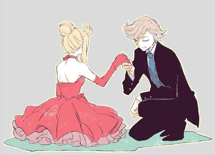 1girl, blonde_hair, bravely_default:_flying_fairy, bravely_default_flying_fairy, choker, closed_eyes, couple, dress