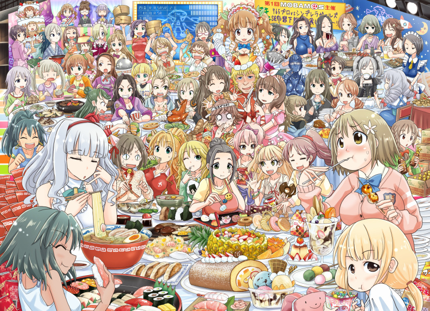 6+girls, abe_nana, akizuki_ritsuko, blush, bowl, breasts, character_request, china_dress