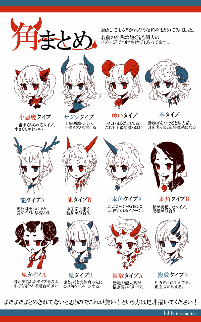 antlers, blue_eyes, demon_horns, dragon_horns, highres, horn, horns, jewelry, magatama, monster_girl, necklace, original, partially_translated, pointy_ears, red_eyes, sheep_horns, tachibana_amane_(amane01a), translation_request