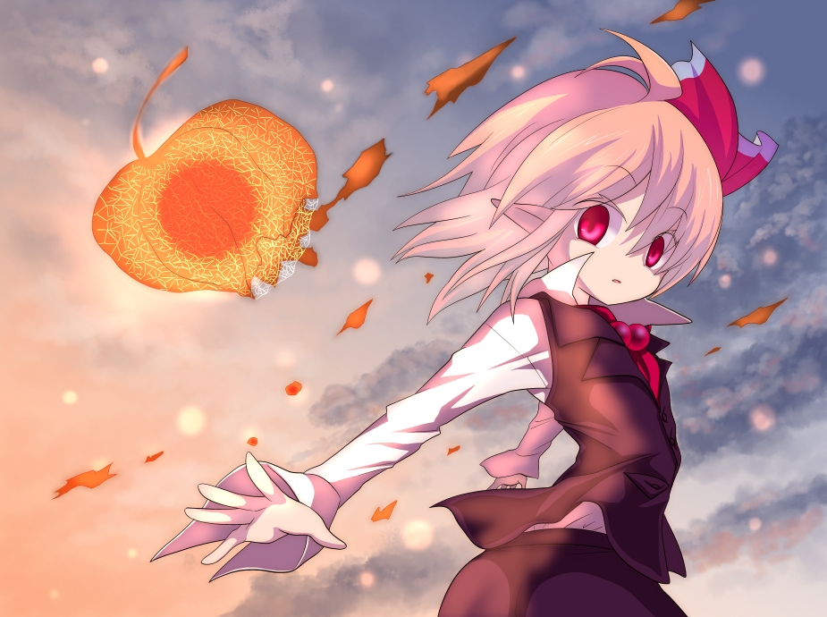 blonde_hair, hair_ribbon, issin., long_sleeves, necktie, outstretched_arms, pointy_ears, red_eyes