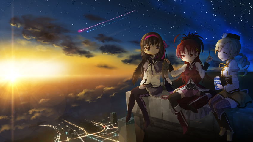 akemi_homura, amy_(madoka_magica), black_hair, blonde_hair, blue_eyes, boots, bow, cat
