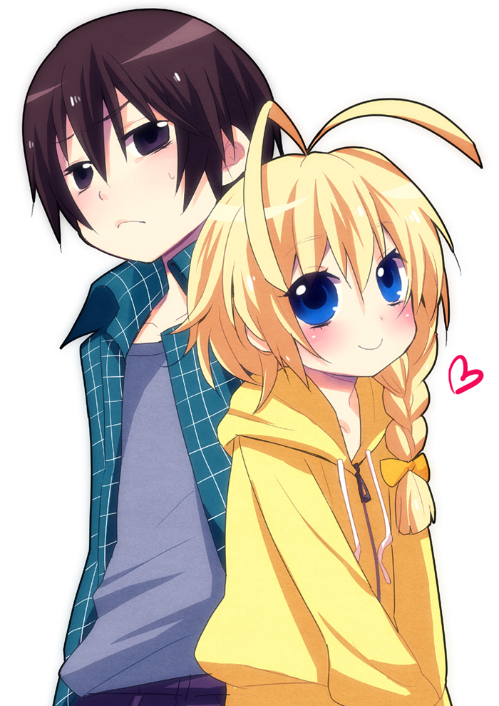 ahoge, antenna_hair, blonde_hair, blue_eyes, blush, bow, braid, brown_eyes