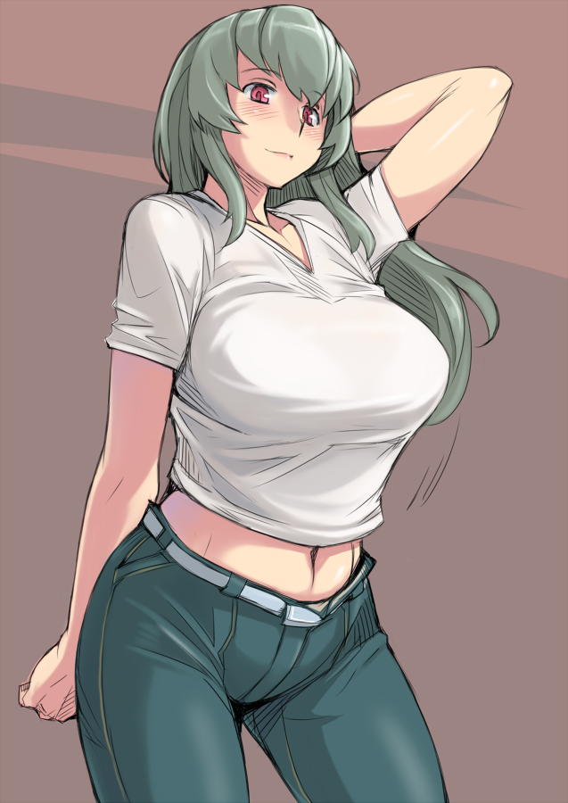 adult, alternate_costume, arm_up, belt, blush, breasts, fashion, green_hair, jeans, large_breasts, long_hair, navel, panties, red_eyes, rozen_maiden, rozenweapon, simple_background, smile, solo, suigintou, underwear