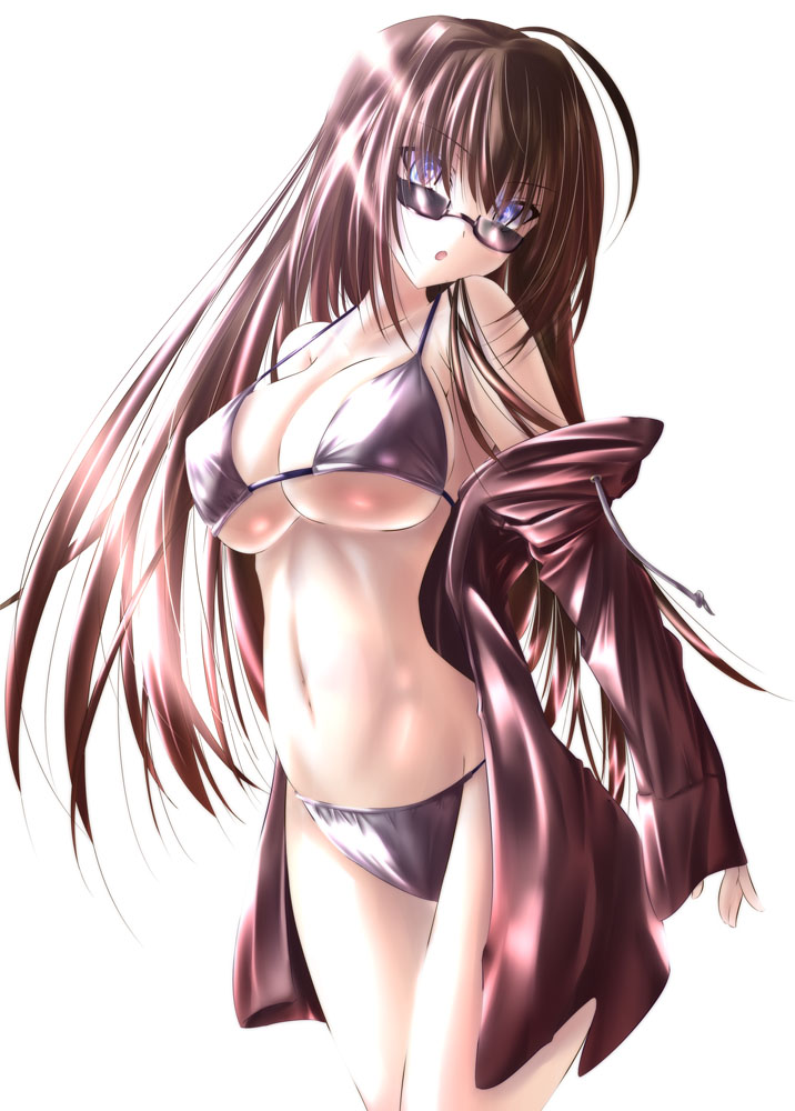 ahoge, akeyama_kitsune, aozaki_aoko, bikini, black_hair, blue_eyes, breasts, brown_hair