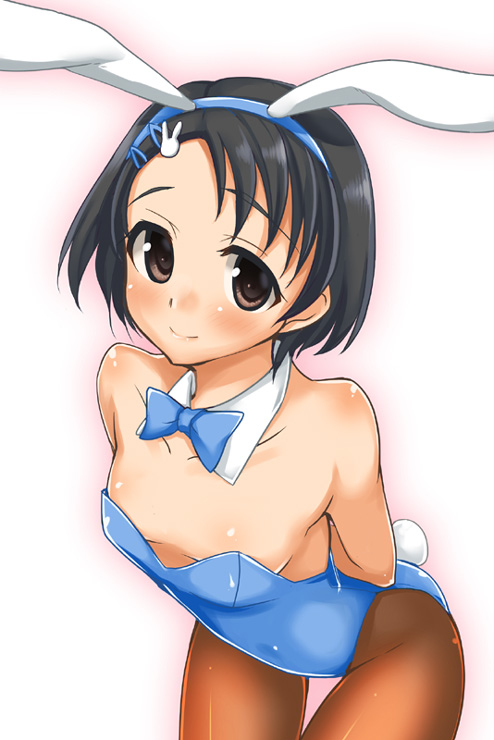 animal_ears, black_hair, bowtie, brown_eyes, bunny_ears, bunny_tail, bunnysuit, detached_collar, down_blouse, flat_chest, gokubuto_mayuge, idolmaster, idolmaster_cinderella_girls, pantyhose, rabbit_ears, sasaki_chie, short_hair, tail