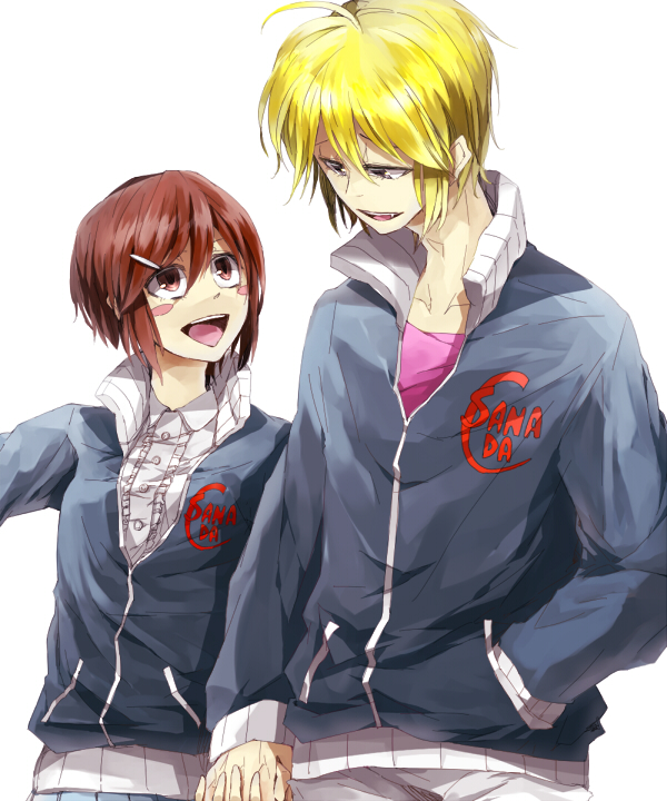 1boy, 1girl, blonde_hair, blush_stickers, brown_eyes, brown_hair, danshi_koukousei_no_nichijou, fang, hair_ornament, hairclip, hand_holding, holding_hands, hu-sen777, jacket, open_mouth, president_(danshi_koukousei), ringo-chan_(danshi_koukousei), short_hair