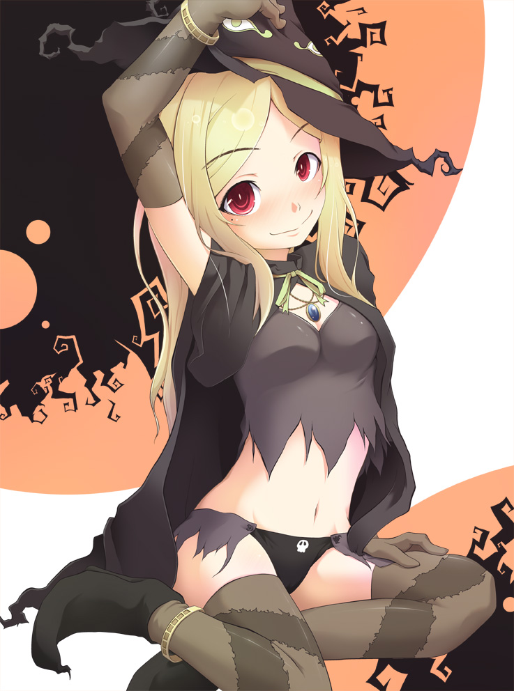 cape, hat, jewelry, midriff, necklace, original, red_eyes, saji, solo, thigh-highs, thighhighs, witch