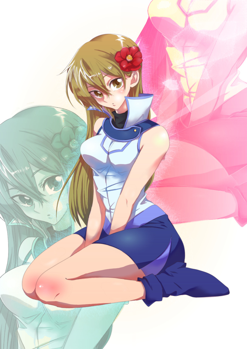 absurdres, bare_shoulders, blonde_hair, boots, flower, hair, highres, long_hair
