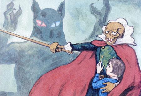 30s, bob_cut, brown_hair, cape, dr._erich_nazou, dress, giant, hug, kamishibai, lowres, marie_millet, monster, nagamatsu_takeo, oldschool, ougon_bat, ougon_bat_(character), rapier, scan, size_difference, sword, traditional_media, uniform, weapon