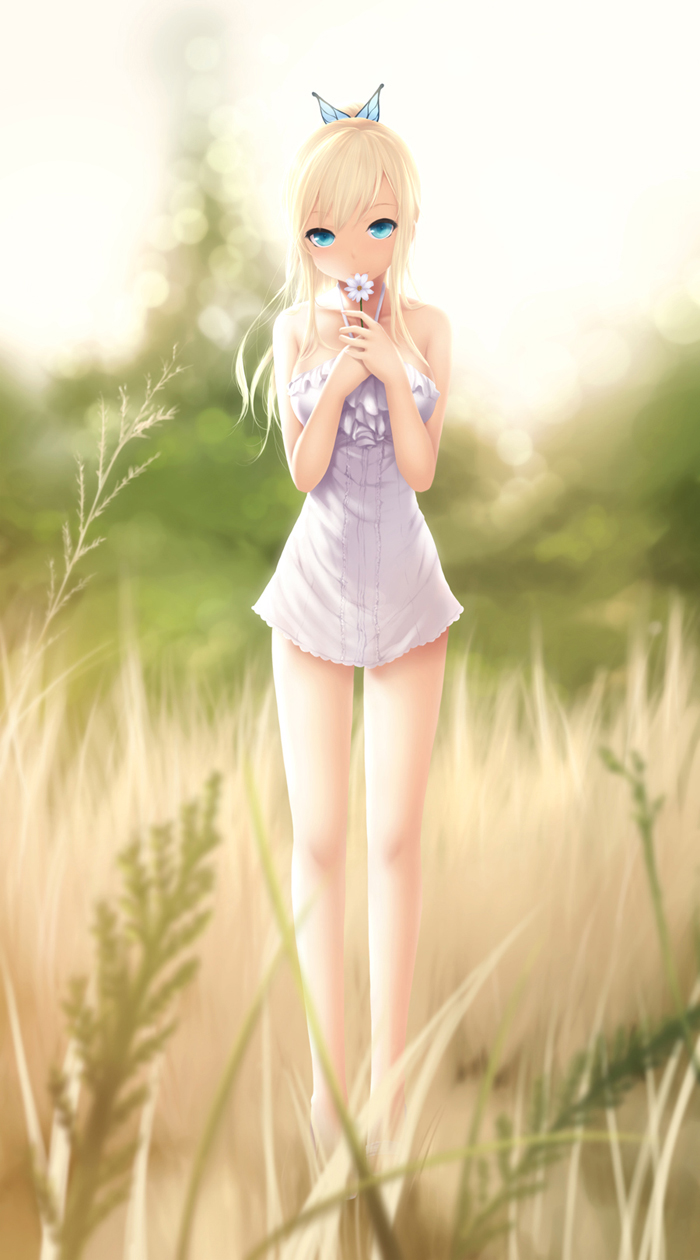 :d, alternate_hairstyle, bangs, bare_shoulders, blonde_hair, blue_eyes, boku_wa_tomodachi_ga_sukunai, breasts