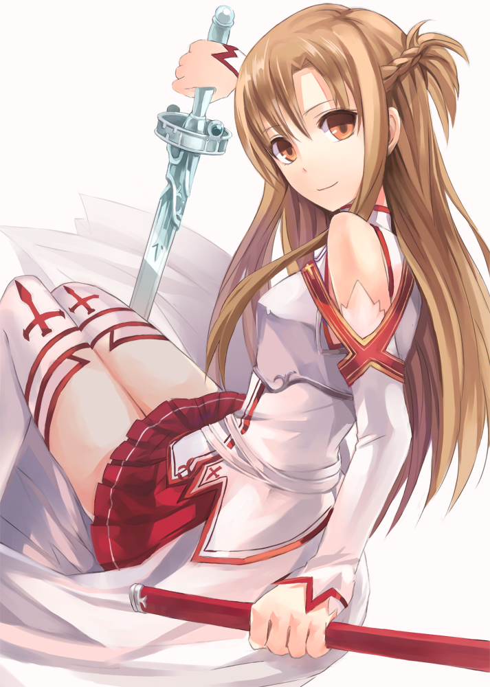 asuna_(sao), bad_id, bare_shoulders, breastplate, brown_eyes, brown_hair, detached_sleeves, long_hair, sheath, skirt, solo, soraraido, soraraido0525, sword, sword_art_online, thigh-highs, thighhighs, weapon