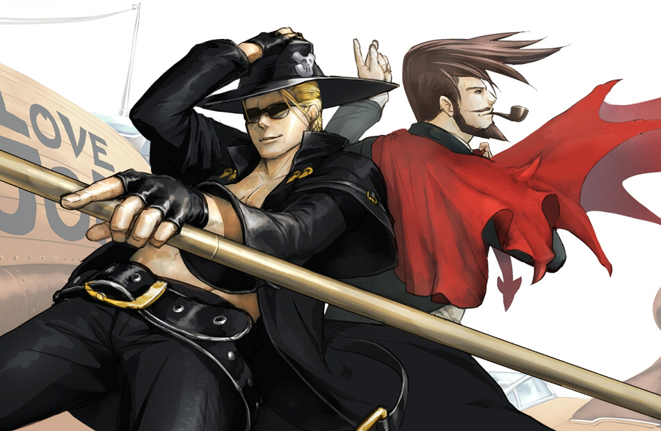 belt, blonde_hair, brown_eyes, brown_hair, facial_hair, gloves, guilty_gear, hat