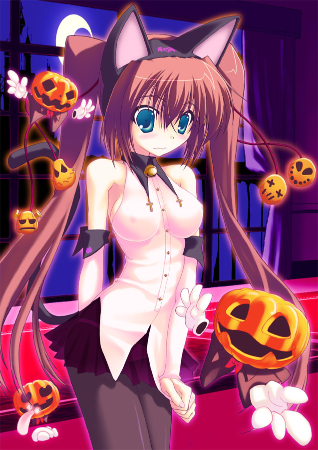 animal_ears, bare_shoulders, bell, blue_eyes, blush, breasts, brown_background, cat_ears