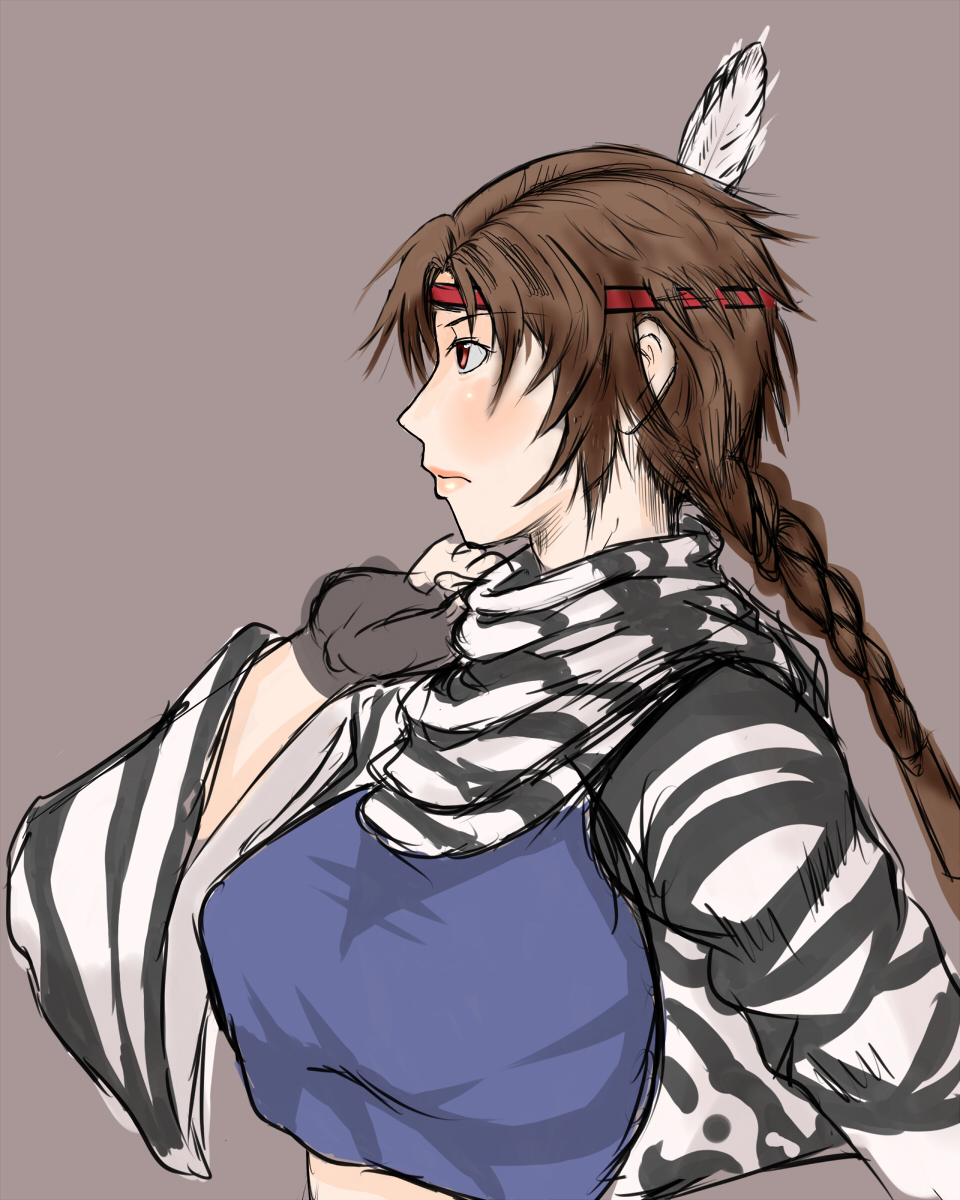 alternate_costume, blush, braid, breasts, brown_hair, crop_top, crown_t_celsior, feathers