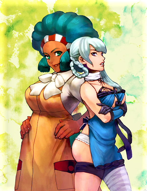 afro, aloe_(pokemon), apron, aqua_hair, arm_warmers, back-to-back, backless_outfit, bandage